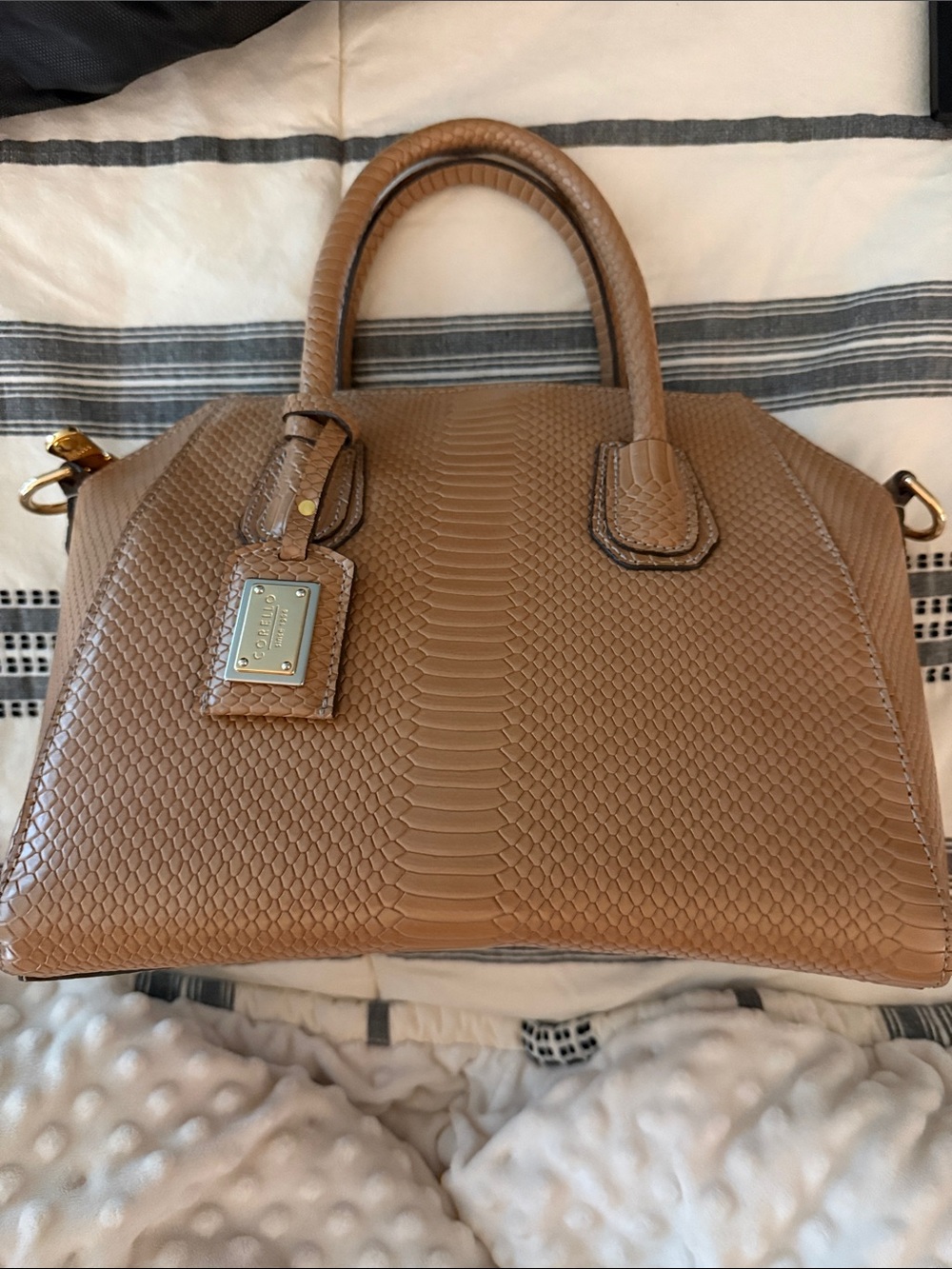 Textured Tan Satchel with Gold Accents - Unbranded